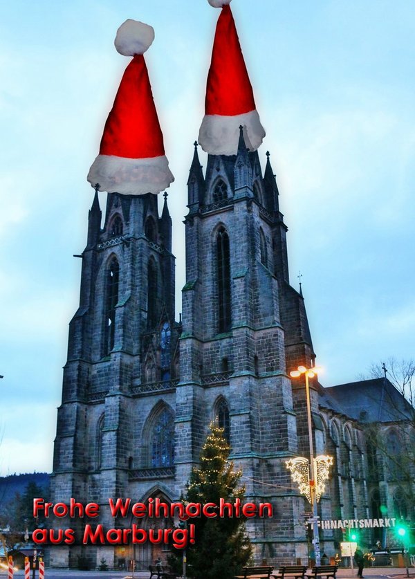 Weihnachtskarte "Elisabethkirche mit Weihnachtsmützen" (10 Stk.)